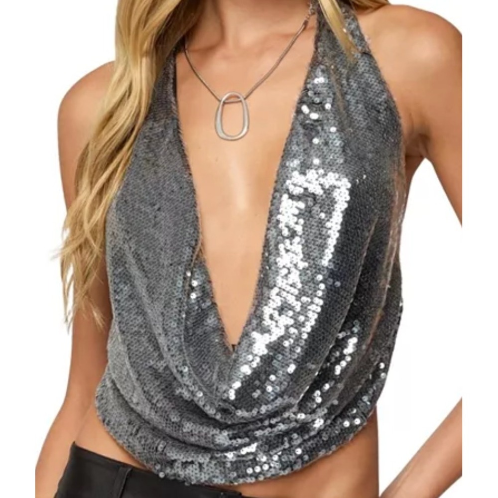 Edikted Sequin Cowl Neck Halter Top Gunmetal Silver Black Open Back Small